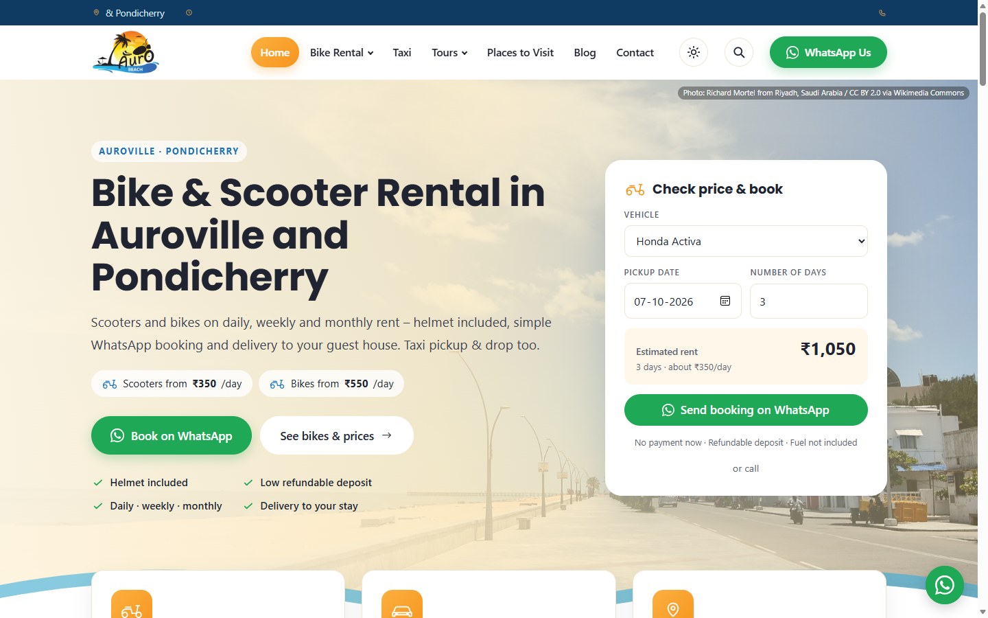 Aurobeach bike rental – home page of the website