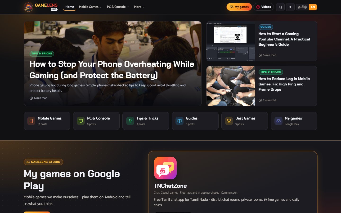 GameLens Hub gaming blog website – work by Mugilan